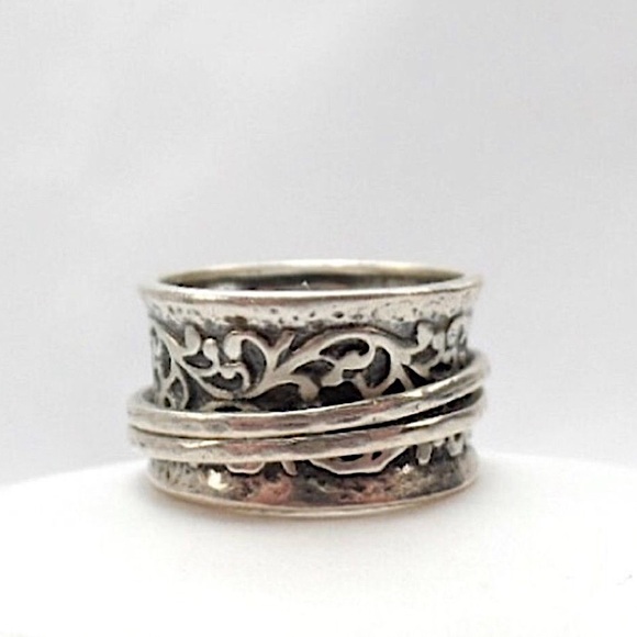 DIDAE Ornate Sterling Silver Wide Band Israeli Spinner Ring Sz. 8, 8-1/4, 10-1/4